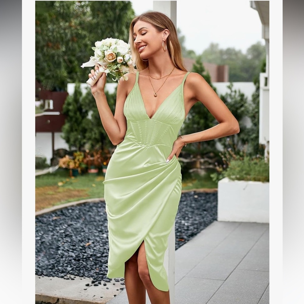 Zaful Light Green Pleated Corset Deep V Satin Midi Dress